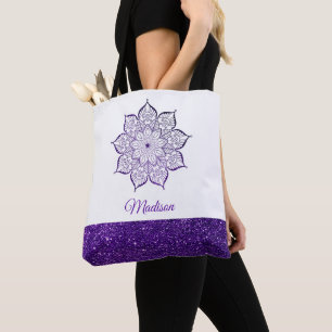 Lila Faux-Glitter-Mandala auf Weiß Tasche