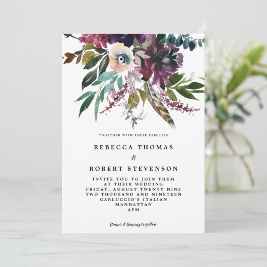 lila Federblume Einladung (Stehend Vorderseite)