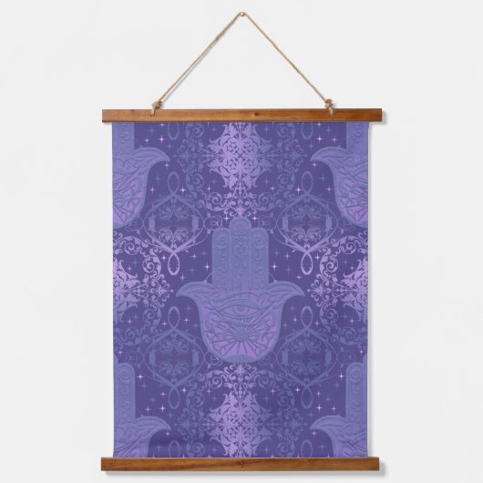 Lila Felt Look Hamsa Hand Wandteppich Mit Holzrahmen (Vorderseite)