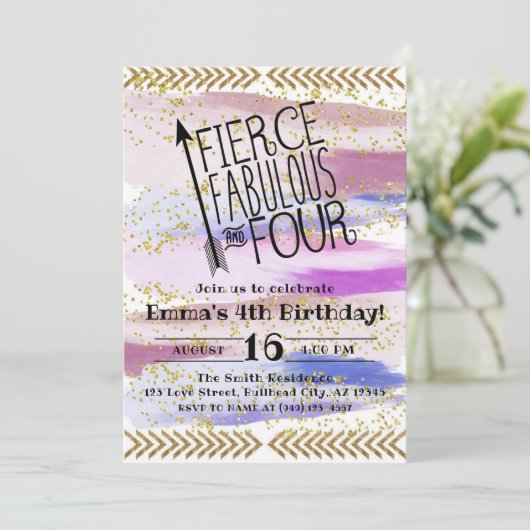 Lila Fierce Fabulous & 4. Geburtstag Einladung (Stehend Vorderseite)