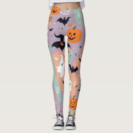 Lila Fledermäuse und Kürbisspucken Halloween Leggings