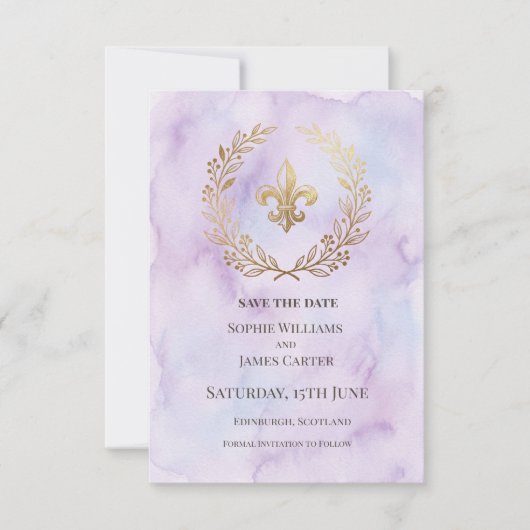 Lila Fleur De Lis Hochzeit Save The Date (Vorderseite)