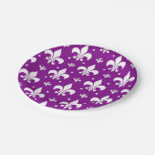 Lila Fleur-de-lis-Muster Pappteller (Schrägansicht)