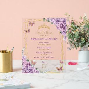 Lila Flieder Blumen Quinceanera Bar Cocktail Karte Acrylschild