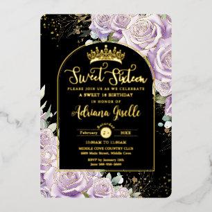 Lila Flieder Blumen Schwarz Gold Sweet 16 Geburtst Folieneinladung