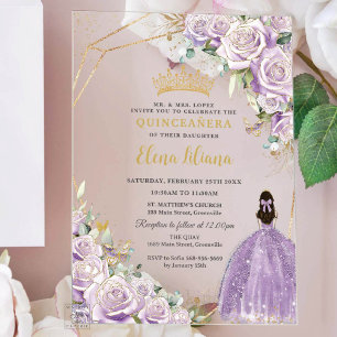 Lila Flieder Blumenprinzessin Gold Quinceanera 15 Acryleinladungen