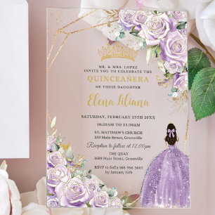 Lila Flieder Blumenprinzessin Gold Quinceañera XV Acryleinladungen
