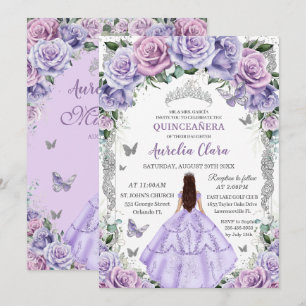 Lila Flieder Floral Silber Prinzessin Quinceanera Einladung