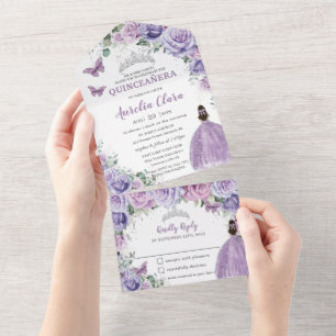 Lila Flieder Lavendel Floral Quinceanera Prinzessi All In One Einladung