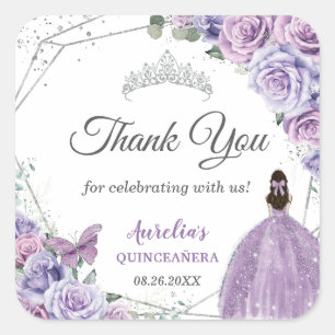 Lila Flieder Lavendel Florale Quinceañera Prinzess Quadratischer Aufkleber