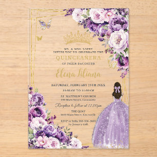 Lila Flieder-Rosafarbenes Blumenkleid Quinceanera Acryleinladungen
