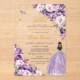 Lila Flieder-Rosafarbenes Blumenkleid Quinceanera  Acryleinladungen