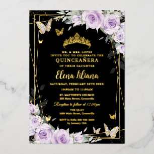 Lila Flieder Rosen Florale Schwarze Goldene Quince Folieneinladung