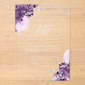 Lila Flieder Silber Blumen Hochzeit Termin merken Acryleinladungen (Vorderseite)