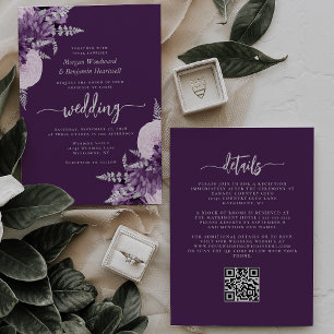 Lila Flieder Silber Blumen QR-Code Hochzeit Einladung