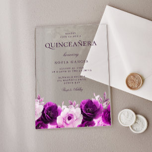 Lila Flieder Veilchen Rosen Floral Quinceanera Acryleinladungen