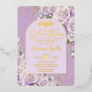 Lila Fliederrosen Blumen Gold Sweet 16 Geburtstag Folieneinladung