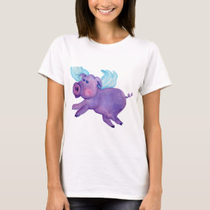 Lila Fliegen-Schwein T-Shirt