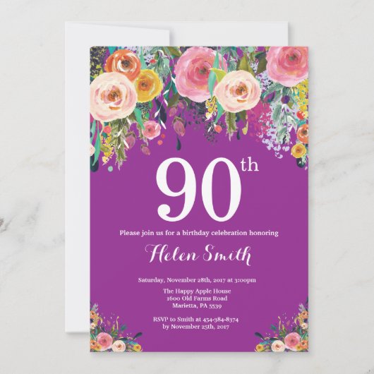 Lila Flora 90. Geburtstag Einladung (Vorderseite)