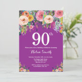 Lila Flora 90. Geburtstag Einladung (Stehend Vorderseite)