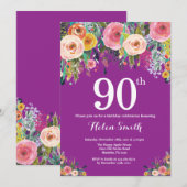 Lila Flora 90. Geburtstag Einladung (Vorne/Hinten)