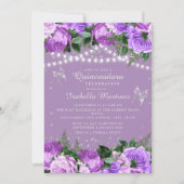 Lila Flora Silberschmetterlinge Quinceañera Einladung (Vorderseite)