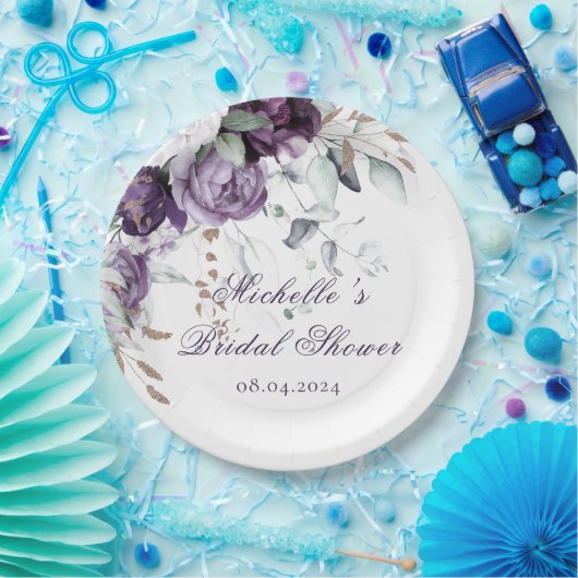 Lila Flora Wasserfarben Elegantes Brautparty Pappteller (Party)