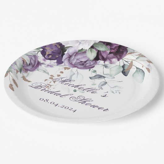 Lila Flora Wasserfarben Elegantes Brautparty Pappteller (Schrägansicht)