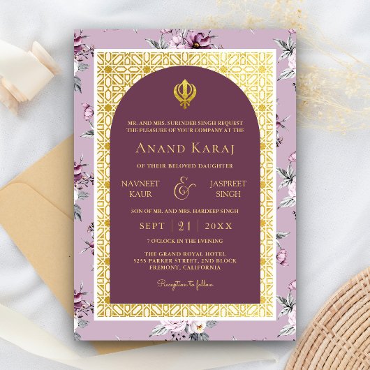 Lila Floral Anand Karaj Punjabi Sikh Wedding Einladung