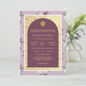 Lila Floral Anand Karaj Punjabi Sikh Wedding Einladung (Stehend Vorderseite)