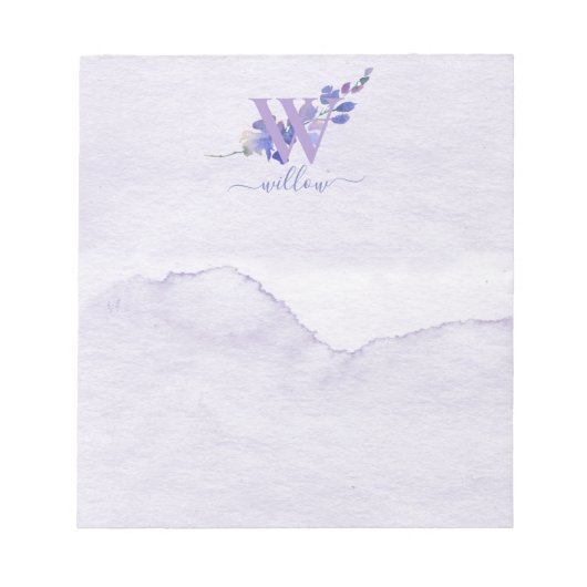 Lila Floral-Aquarell-Monogramm-Papier Notizblock (Vorderseite)