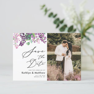 Lila Floral-Aquarell-Schriftfoto-Hochzeit Save The Date