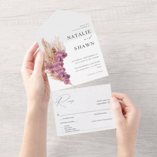 Lila Floral Boho Wedding All In One Einladung (Abreißen)