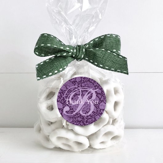Lila Floral Brocade Monogram Vielen Dank Runder Aufkleber