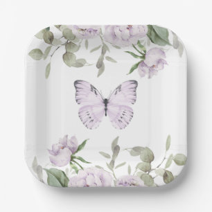 Lila Floral Butterfly Girl Babydusche Pappteller