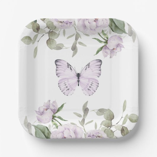 Lila Floral Butterfly Girl Babydusche Pappteller (Vorderseite)