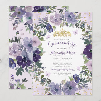 Lila Floral Butterfly Gold Tiara Quinceanera Einladung
