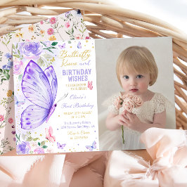 Lila Floral Butterfly Kisses und Geburtstagswünsch Einladung