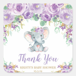 Lila Floral Elefant Baby Shower Dankeschön-Geschen Quadratischer Aufkleber