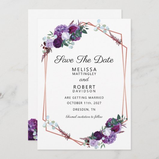 Lila Floral Elegant Save the Date geometrisch (Vorne/Hinten)