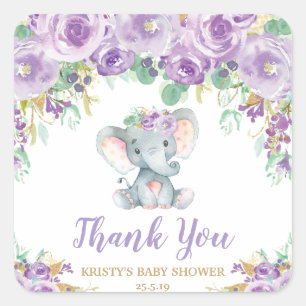Lila Floral Elephant Baby Dusche Vielen Dank für I Quadratischer Aufkleber