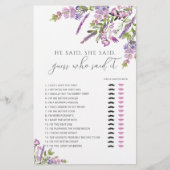 Lila Floral Er sagte, sie sagte Brautparty Game (Vorderseite)