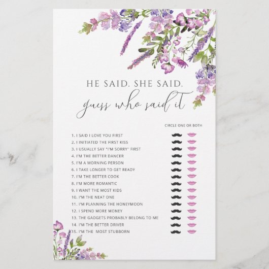 Lila Floral Er sagte, sie sagte Brautparty Game (Vorderseite)