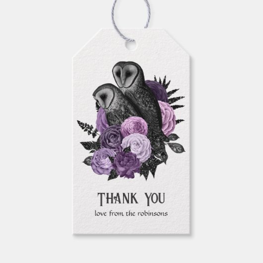 Lila Floral Glam Gothic Owls Geschenkanhänger (Vorderseite)