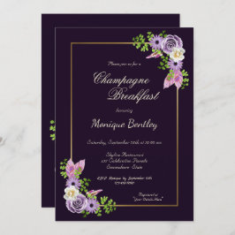 Lila Floral Gold Border Champagner Frühstück Einladung