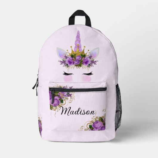 Lila Floral Gold Glitzer Unicorn Rucksack (Vorderseite)