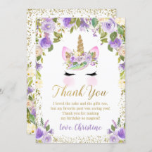 Lila Floral Gold Unicorn Geburtstag Dankeschön Kar