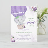 Lila Floral Hot Air Ballon Elephant Babydusche Einladung (Stehend Vorderseite)