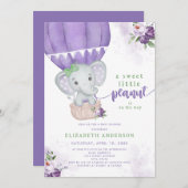 Lila Floral Hot Air Ballon Elephant Babydusche Einladung (Vorne/Hinten)
