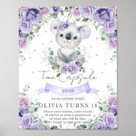 Lila Floral Koala 1. Geburtstag Zeitkapsel Zeichen Poster